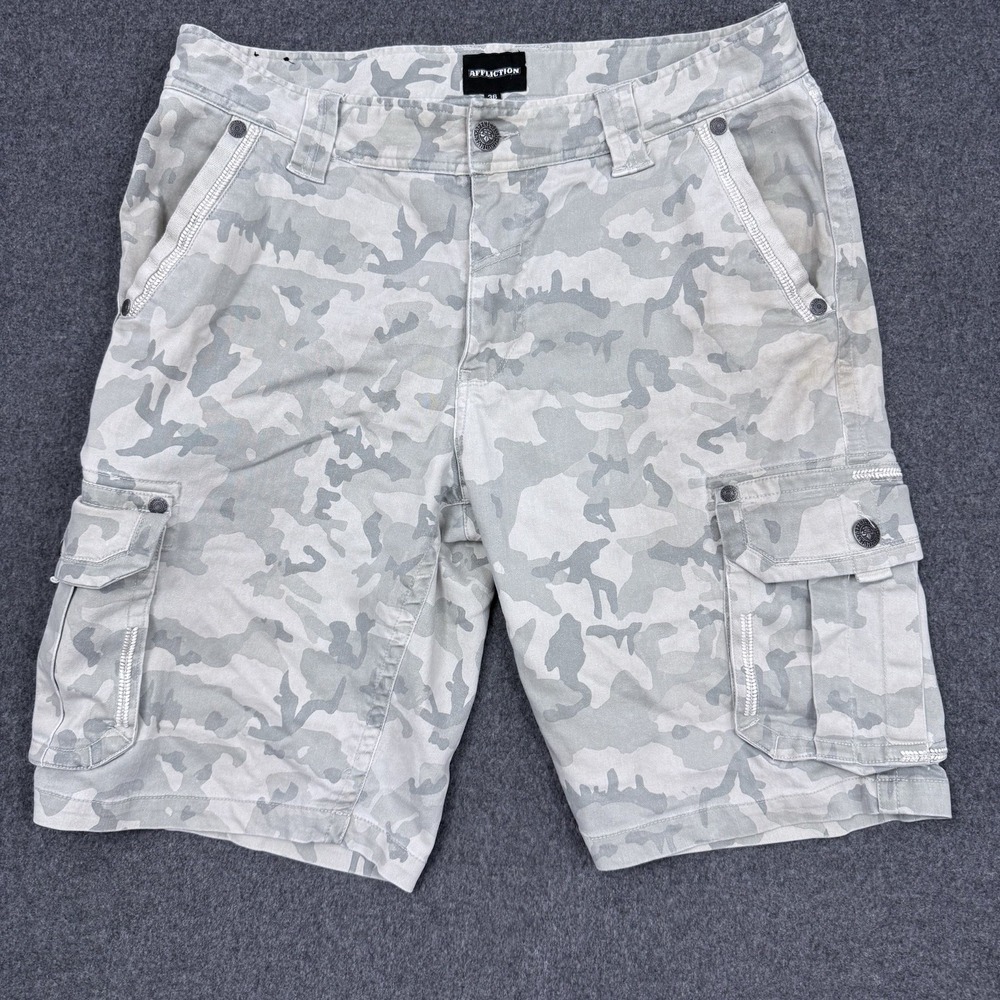 Affliction Camo Cargo Shorts Mens 36 Gray Military Utility Streetwear Y2K